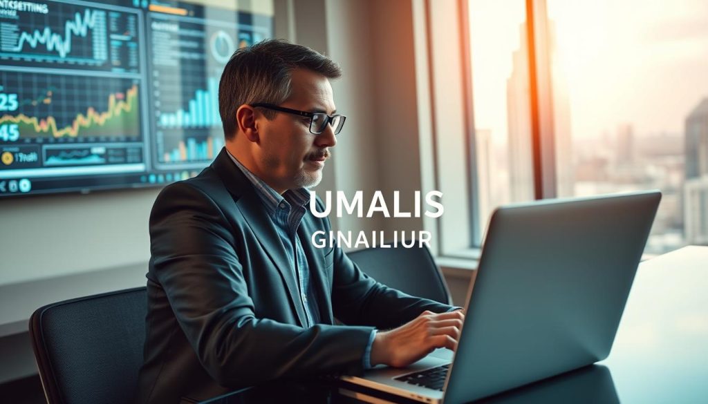 A professional consultant immersed in digital projects, showcasing a blend of technology and entrepreneurship. In the foreground, the consultant, a middle-aged individual wearing smart casual attire, is engaged in a virtual meeting on a sleek laptop, conveying focus and determination. The middle ground features a modern office space adorned with digital displays of data analytics and charts, symbolizing innovation in consulting. The background should showcase a vibrant city skyline through a large window, representing endless opportunities. The scene is illuminated by soft, natural lighting, creating a warm and inspiring atmosphere. The brand name "UMALIS GROUP" is subtly integrated into the workspace design, enhancing the feeling of professionalism and advancement in the digital age.