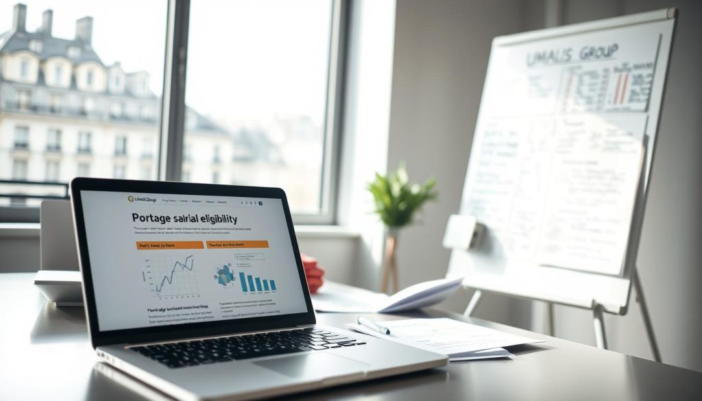 A professional consultant in a business setting, dressed in smart business attire, reviews important documents at a sleek office desk. In the foreground, a laptop displays a webpage about “Portage salarial eligibility” with graphs and bullet points. In the middle ground, a large window reveals a view of Parisian architecture, suggesting a French context. To the side, a whiteboard filled with notes and charts outlines legal frameworks for work authorization in France. Soft, natural daylight floods the scene, creating a welcoming and focused atmosphere. The image embodies an air of professionalism and clarity, symbolizing the importance of understanding legal aspects for international consultants working with French clients. A subtle logo of "Umalis Group" is visible on the laptop screen, emphasizing the theme.