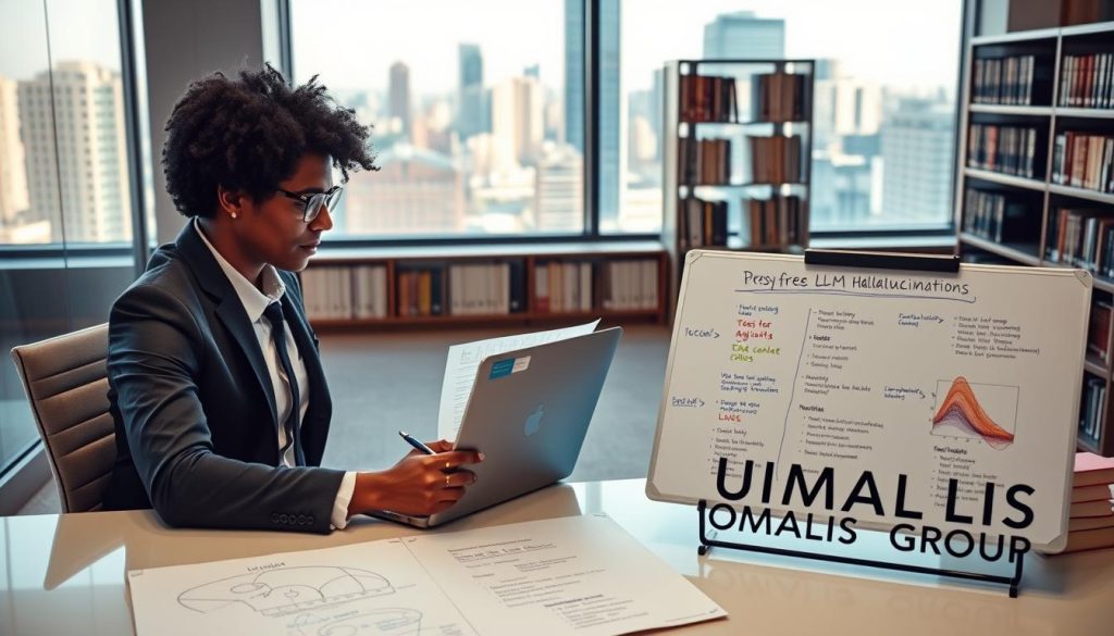 A professional consultant in a modern office environment, seated at a sleek desk with a laptop open, analyzing data visualizations and text on the screen. The consultant, a diverse individual in smart business attire, shows a thoughtful expression as they jot down notes. In the foreground, a whiteboard displays key concepts related to LLM hallucinations, with colorful diagrams and bullet points. In the middle ground, shelves filled with books on AI and consulting offer depth, while a large window in the background reveals a bustling cityscape under soft natural lighting, giving a bright and professional atmosphere. The entire scene conveys focus, diligence, and the pursuit of understanding the nuances of AI-generated content. The brand name "UMALIS GROUP" subtly included in a decorative element on the desk.