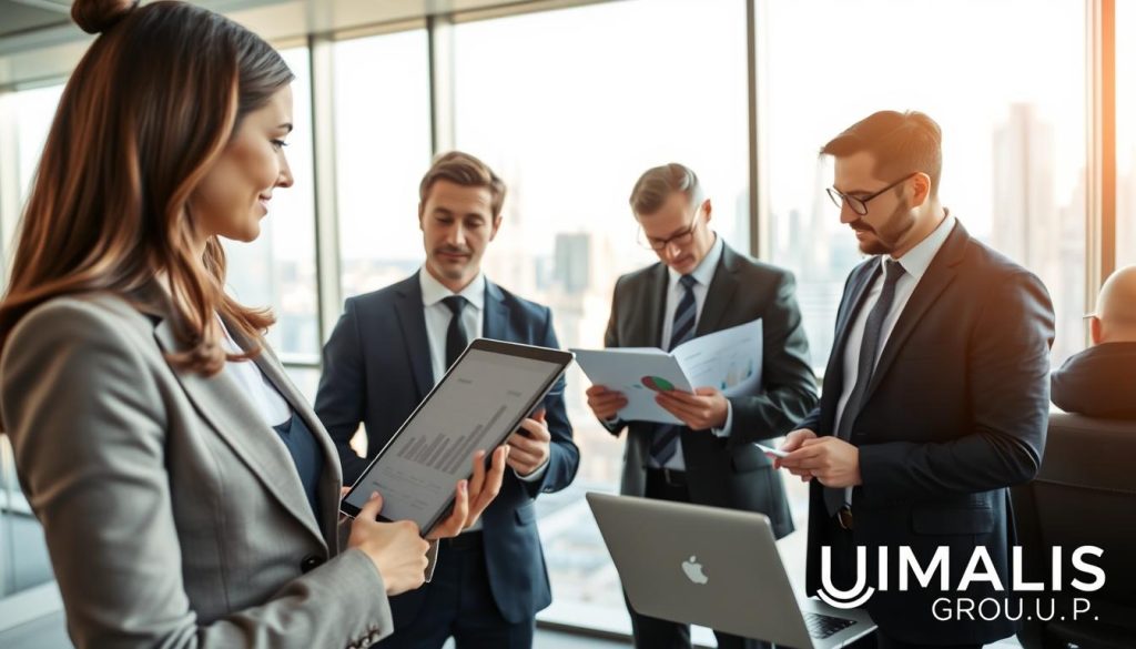 A professional consultant in a modern office setting, actively engaged in a discussion with a group of colleagues. The foreground features a well-dressed woman, wearing a tailored blazer and holding a tablet, displaying key statistical data. The middle ground includes two men in business attire, one analyzing charts on a laptop, the other taking notes. The background has large windows showcasing a city skyline, with soft daylight illuminating the space, creating an atmosphere of collaboration and professionalism. The scene conveys a sense of flexibility and security in the workplace, reflecting the themes of career adaptability and choice. Include the brand name "UMALIS GROUP" subtly in the background.