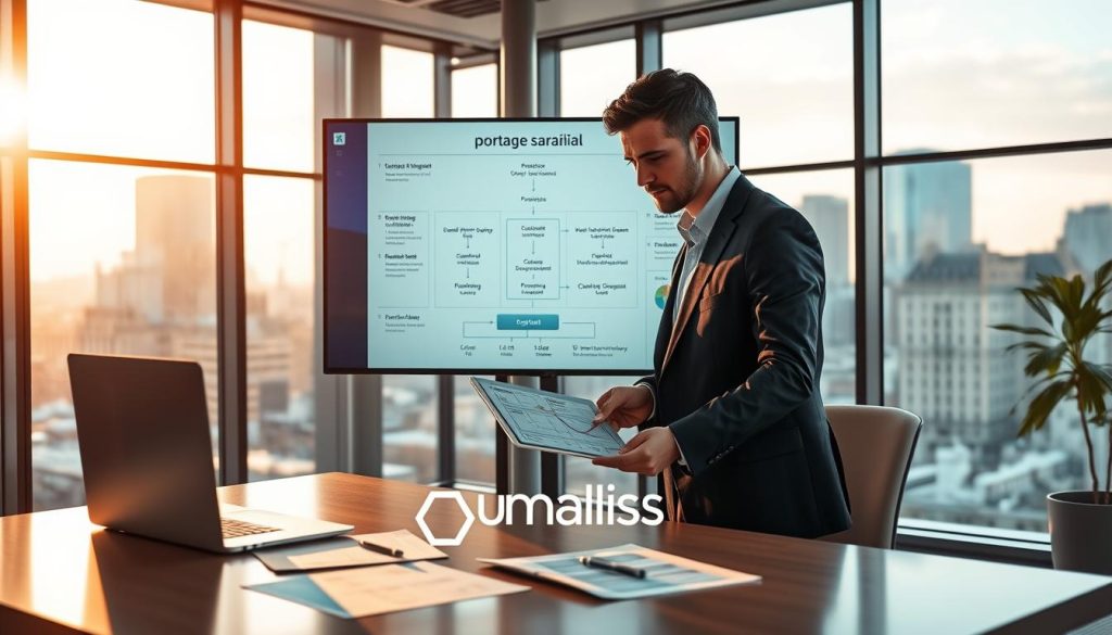 A professional consultant in a modern office setting, dressed in a smart suit, discussing financial figures on a transparent digital tablet with a colleague. The foreground features a sleek desk with a laptop and documents detailing "portage salarial" processes. In the middle ground, visuals of flowcharts and diagrams illustrating the operational framework of portage salarial are displayed on a screen behind them. The background showcases a cityscape through large windows, bathed in natural morning light, suggesting a dynamic work environment. The atmosphere is collaborative and innovative, with warm tones to enhance a sense of productivity. Include the logo of Umalis Group subtly integrated into the scene, conveying professionalism and expertise in consulting. A professional consultant in a modern office setting, dressed in a smart suit, discussing financial figures on a transparent digital tablet with a colleague. The foreground features a sleek desk with a laptop and documents detailing "portage salarial" processes. In the middle ground, visuals of flowcharts and diagrams illustrating the operational framework of portage salarial are displayed on a screen behind them. The background showcases a cityscape through large windows, bathed in natural morning light, suggesting a dynamic work environment. The atmosphere is collaborative and innovative, with warm tones to enhance a sense of productivity. Include the logo of Umalis Group subtly integrated into the scene, conveying professionalism and expertise in consulting.