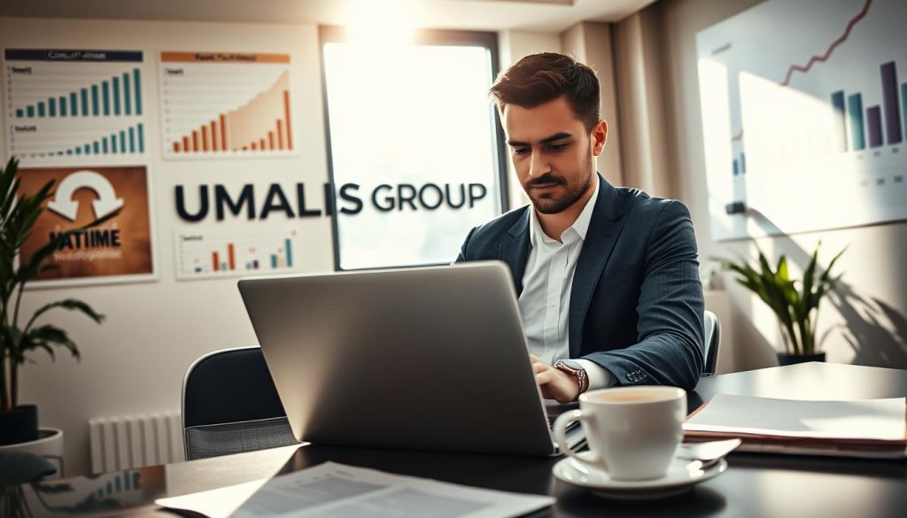 A professional consultant in a modern office setting, dressed in business attire, sitting at a sleek desk with a laptop open, focusing intently on the screen. In the foreground, there are documents and a coffee cup, signifying a busy work environment. The middle ground features a large window with natural sunlight streaming in, casting soft shadows. In the background, a wall adorned with charts and graphs related to consulting and business growth. The atmosphere is dynamic yet calm, reflecting professionalism and focus in the realm of "portage salarial" in France. The logo "UMALIS GROUP" is subtly integrated into a decorative element in the office. The lighting is bright and inviting, conveying a sense of opportunity and success. A professional consultant in a modern office setting, dressed in business attire, sitting at a sleek desk with a laptop open, focusing intently on the screen. In the foreground, there are documents and a coffee cup, signifying a busy work environment. The middle ground features a large window with natural sunlight streaming in, casting soft shadows. In the background, a wall adorned with charts and graphs related to consulting and business growth. The atmosphere is dynamic yet calm, reflecting professionalism and focus in the realm of "portage salarial" in France. The logo "UMALIS GROUP" is subtly integrated into a decorative element in the office. The lighting is bright and inviting, conveying a sense of opportunity and success.