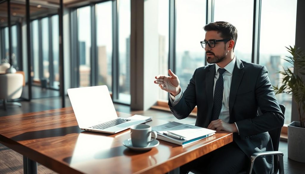 A professional consultant in a modern office setting, engaged in a discussion over a laptop. In the foreground, a well-dressed individual with a confident demeanor, wearing a crisp suit, gestures towards the screen, illustrating concepts of "statut salarié porté." In the middle ground, a sleek wooden desk adorned with a laptop, documents, and a coffee cup, suggests productivity and professionalism. In the background, large windows reveal a cityscape, bathed in soft natural light creating a bright and inspiring atmosphere. The overall mood is one of professionalism, focus, and collaboration, capturing the essence of consulting in the context of the "portage salarial" framework. The image should have a balanced composition, with a slight depth of field that keeps the consultant in sharp focus while softly blurring the background.