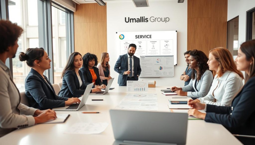 A professional consultant in a modern office setting, engaged in a thoughtful discussion about service offerings. In the foreground, a diverse group of individuals in business attire (suits and smart blouses) collaborate around a sleek conference table covered with laptops, notebooks, and charts. The mood is dynamic and focused, with their expressions showing determination and teamwork. In the middle ground, a large whiteboard displays strategic diagrams and service outlines, symbolizing a consulting framework. The background features floor-to-ceiling windows allowing natural light to flood the room, creating a warm, inviting atmosphere. Subtle branding for "Umalis Group" is visible on a wall-mounted logo. The image is composed to highlight the consultants' collaborative efforts in defining their service offerings. Use soft, professional lighting to enhance the seriousness and creativity of the scene.