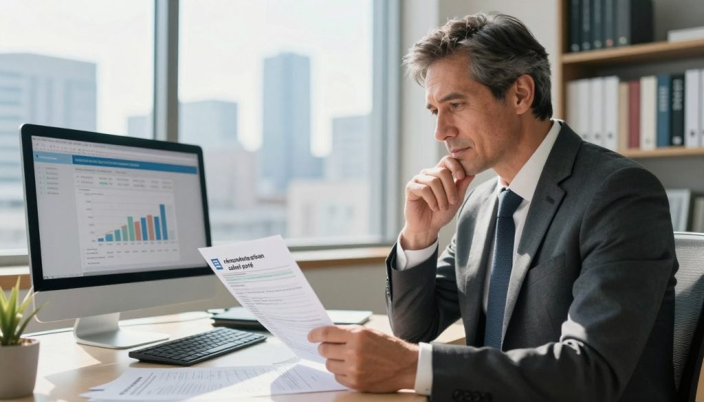 A professional consultant in a modern office setting, focused on financial documents illustrating 'rémunération salarié porté'. In the foreground, the consultant, a middle-aged Caucasian man in a neat business suit, is sitting at a desk, reviewing a paycheck with an expression of contemplation. In the middle ground, a large window reveals a city skyline, indicating a bright, sunny day that casts natural light into the room, creating an optimistic atmosphere. On the desk, financial reports and a computer screen display graphs related to earnings and employee rights. The background features bookshelves filled with professional literature. The overall mood is serious yet hopeful, capturing the essence of financial awareness and employee rights in a corporate environment.