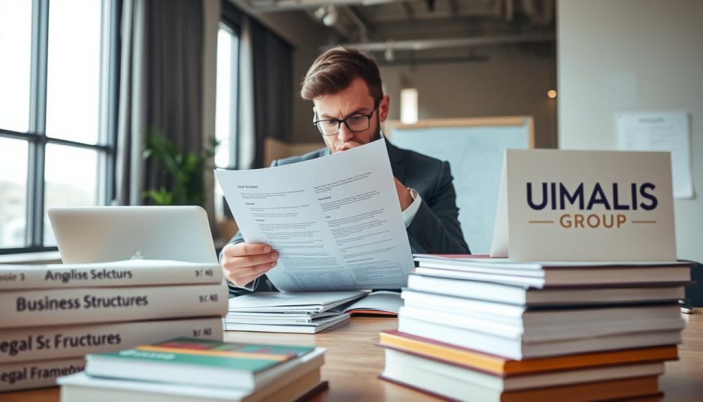 A professional consultant in a modern office setting is deep in thought, surrounded by financial documents and a laptop displaying business graphs. The foreground features a stack of legal books, including prominently displayed titles such as "Business Structures" and "Legal Frameworks." In the middle ground, the consultant, dressed in smart business attire, reviews an application form for a legal status selection, showcasing focus and determination. The background reveals a well-organized office with large windows letting in soft, natural light, creating a warm atmosphere. The overall mood is one of professionalism and careful consideration. Prominently on one side of the desk is the logo of "UMALIS GROUP," indicating a connection to consulting services. A professional consultant in a modern office setting is deep in thought, surrounded by financial documents and a laptop displaying business graphs. The foreground features a stack of legal books, including prominently displayed titles such as "Business Structures" and "Legal Frameworks." In the middle ground, the consultant, dressed in smart business attire, reviews an application form for a legal status selection, showcasing focus and determination. The background reveals a well-organized office with large windows letting in soft, natural light, creating a warm atmosphere. The overall mood is one of professionalism and careful consideration. Prominently on one side of the desk is the logo of "UMALIS GROUP," indicating a connection to consulting services.