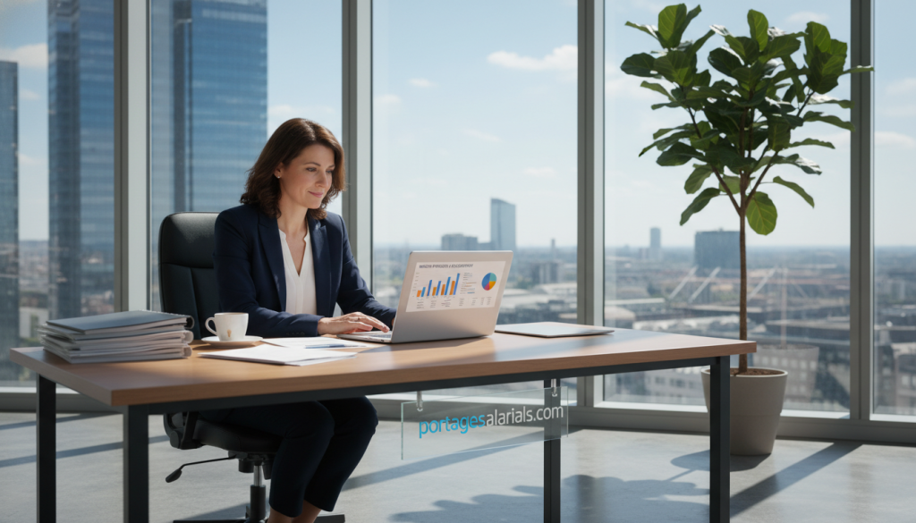 A professional consultant in a modern office space, looking confidently at a laptop with charts and data displayed on the screen, symbolizing starting and developing consulting missions in portage salarial. The foreground features the consultant, dressed in smart business attire, sitting at a sleek desk cluttered with documents and a cup of coffee. In the middle ground, large windows let in natural light, casting soft shadows across the room and highlighting a potted plant for a touch of greenery. The background showcases a city skyline visible through the windows, emphasizing a dynamic business environment. The atmosphere is one of focus and ambition, ideal for illustrating professional growth. Additionally, subtly incorporate the logo or brand name "portagesalarials.com" within the office setup without dominating the scene.