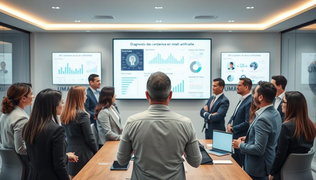 A professional consultant in a modern office space, surrounded by charts and AI data analytics on screens, symbolizes the theme of "Diagnostic des compétences en intelligence artificielle." The foreground features a diverse group of individuals, dressed in professional business attire, engaged in productive discussion around a digital presentation displaying key AI competencies. In the middle, a large screen showcases visualizations of AI trends and skill assessments. The background includes minimalist office decor with soft lighting, creating a focused and innovative atmosphere. The scene captures a sense of collaboration and forward-thinking. Use a wide-angle lens to highlight the dynamic interaction among the group, emphasizing the significance of AI skills. Include elements that subtly reflect the brand "UMALIS GROUP" in the office design.