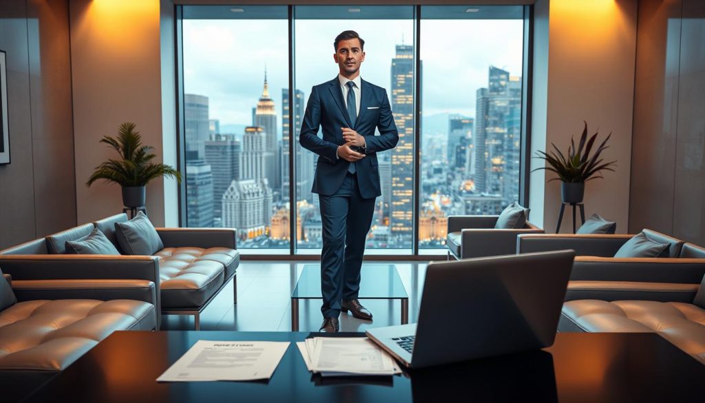 A professional consultant in a navy blue suit standing confidently in a modern, minimalist office, surrounded by sleek furniture and large windows overlooking a bustling city skyline. The lighting is warm and focused, highlighting the consultant's authoritative presence. In the foreground, a laptop and paperwork symbolize the Umalis Group's expertise in marketing services. The overall atmosphere conveys a sense of security, autonomy, and professionalism, reflecting the benefits for independent marketing consultants.