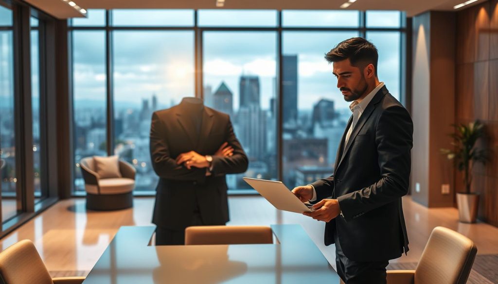 A professional consultant in a sharp suit stands confidently in a modern, sleek office, consulting with a client on a laptop. The lighting is warm and focused, highlighting the consultant's expertise and the Umalis Group brand name prominently displayed. In the background, a cityscape view through large windows suggests the consultant's high-level, strategic perspective. The scene conveys a sense of security, success, and the seamless integration of independent work and career growth.