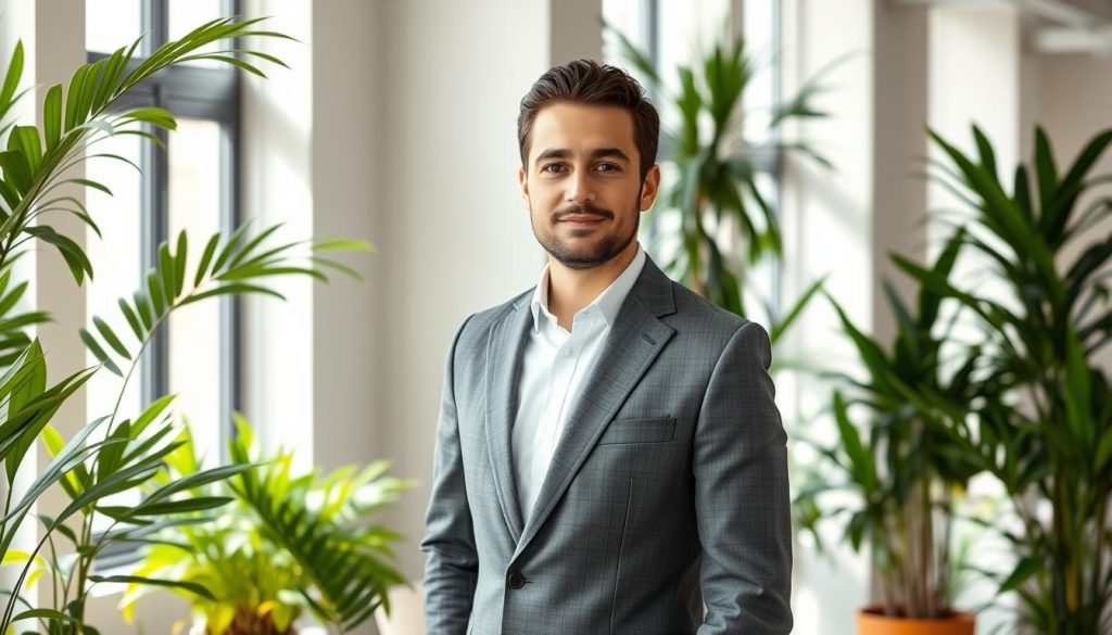 A professional consultant in a sleek gray suit confidently stands in a modern office, surrounded by lush potted plants and floor-to-ceiling windows that bathe the scene in soft, natural light. The consultant's expression exudes a sense of expertise and poise, embodying the advantages of the "Umalis Group" salarial portage solution for marketing professionals. The background showcases a minimalist, yet stylish workspace, hinting at the seamless integration of the consultant's skills within a supportive, flexible work environment.