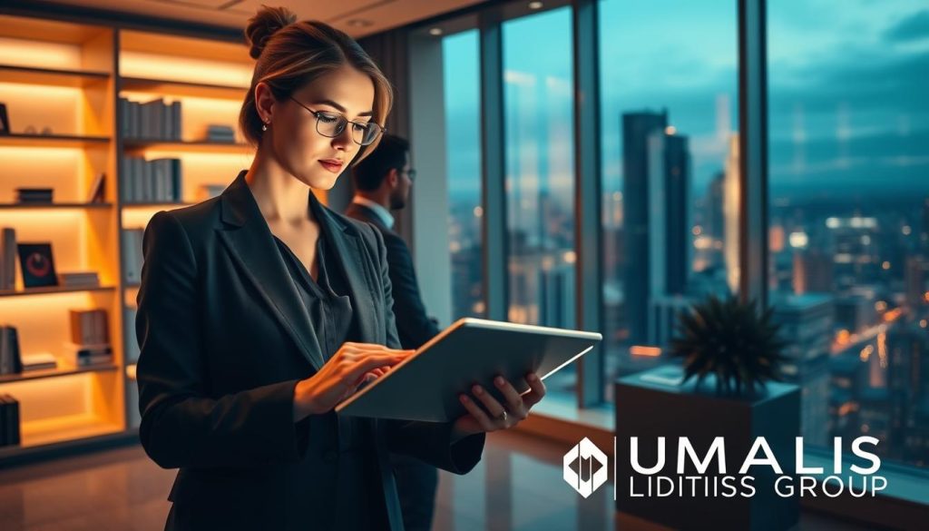 A professional consultant in a sleek, modern office, analyzing digital risk management and business cybersecurity needs. The foreground features a focused woman in a smart business suit, intently examining data on a digital tablet, with graphs and charts displaying on the screen. In the middle ground, there are soft-lit shelves filled with technology books and cybersecurity documents. The background showcases a large panoramic window revealing a bustling cityscape, symbolizing the growing demands for business safety in the digital age. Warm, ambient lighting creates a professional yet inviting atmosphere, emphasizing the seriousness of cyber threats and the strategic use of AI. The brand name “UMALIS GROUP” is subtly integrated into the scene with corporate branding elements, highlighting their commitment to cybersecurity solutions.