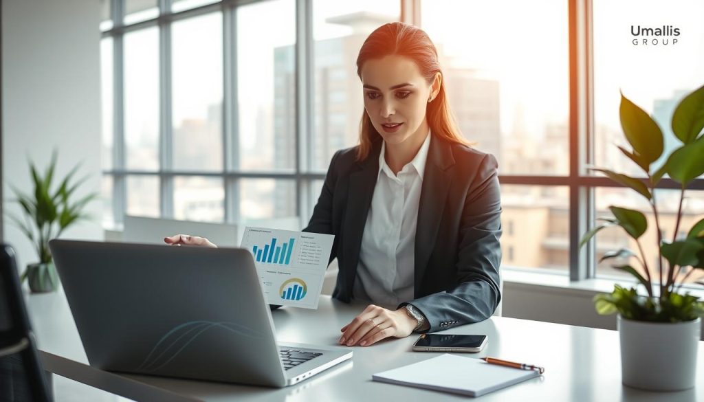 A professional consultant in a sleek, modern office environment, showcasing the advantages of portage salarial. In the foreground, the consultant, dressed in elegant business attire, engages with a laptop displaying charts and graphs that illustrate career growth and financial benefits. In the middle ground, a large window reveals a vibrant cityscape, symbolizing opportunity and success. The background features a minimalist desk with stylish office accessories like a potted plant and a notepad. Use soft, natural lighting to create an inviting and inspiring atmosphere, enhancing the consultant's focused expression. Emphasize a sense of professionalism and ambition. Include subtle branding elements of "Umalis Group" in the office decor.