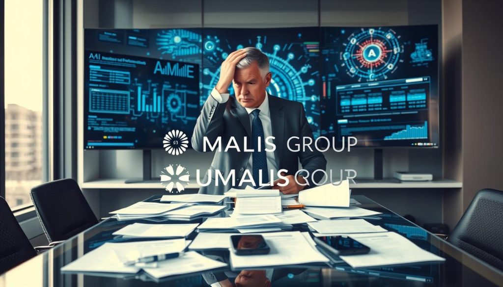 A professional consultant in a sleek, modern office setting, looking anxious and overwhelmed while staring at multiple screens displaying complex AI algorithms and data. The foreground features a glass desk with scattered papers and a smartphone, symbolizing chaos and reliance on technology. In the middle, the consultant, a middle-aged person in a sharp business suit, holds their head in frustration, reflecting the pressure of dependency on AI tools. The background shows abstract representations of AI technology, such as circuit patterns and glowing data visuals. Soft, natural lighting streams in through large windows, creating a moody atmosphere of uncertainty. The logo "UMALIS GROUP" is subtly integrated into the office space, emphasizing the business context of the scene.