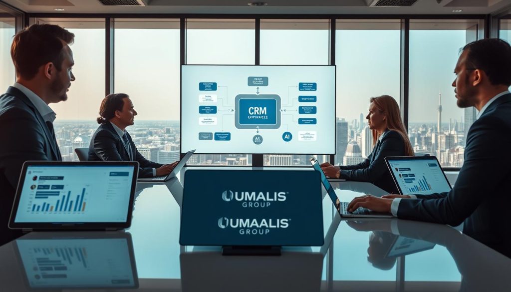 A professional consultant in a sleek office environment, wearing business attire, is engaged in discussion with a client across a modern conference table. In the foreground, focus on digital devices, like tablets and laptops displaying CRM software interfaces, connecting seamlessly to various charts and graphs showcasing customer relationships and sales processes. In the middle, include a large screen illustrating a flowchart of CRM processes, emphasizing integration with AI tools. The background features a panoramic city view from the office window, bathed in soft natural light, creating an atmosphere of professionalism and innovation. Incorporate branding elements for "UMALIS GROUP" subtly into the environment. The overall mood should be dynamic and collaborative, highlighting the connection between business needs and technological solutions.