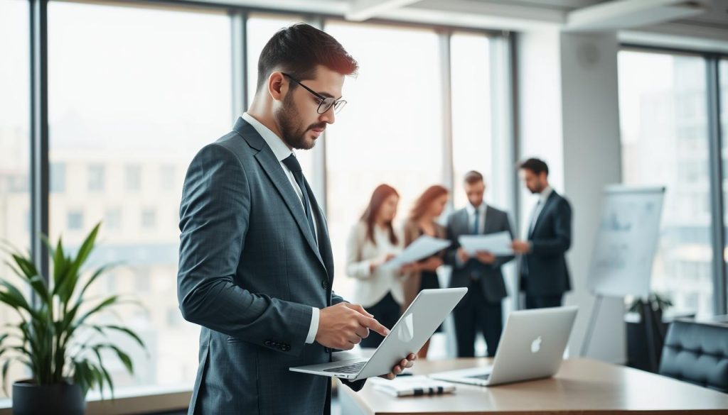 A professional consultant in a smart business suit stands in the foreground, engaging with a laptop, illustrating the concept of activity development and prospecting in a portage salarial context. Surrounding them are visual elements of charts and graphs, symbolizing growth and success. In the middle ground, a diverse group of professionals, also in business attire, are engaged in a collaborative discussion, analyzing paperwork and exchanging ideas, showcasing teamwork and strategy. The background features a modern office space with large windows that allow natural light to flood in, creating a warm and inviting atmosphere. Soft, diffused lighting enhances the professionalism and focus of the scene. Incorporate the brand name "UMALIS GROUP" subtly into the surroundings, such as on a flip chart or as a logo on the laptop screen, ensuring it complements the overall image without being intrusive.