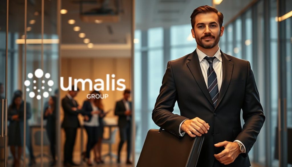 A professional consultant in a smart suit stands confidently, briefcase in hand, framed by a modern office environment of sleek glass and steel. Warm lighting casts a soft glow, highlighting the details of their attire and the Umalis Group logo prominently displayed. In the background, a team of diverse professionals collaborate, exemplifying the collaborative nature of the portage salarial model. The scene conveys a sense of professionalism, opportunity, and the advantages of this flexible employment status.