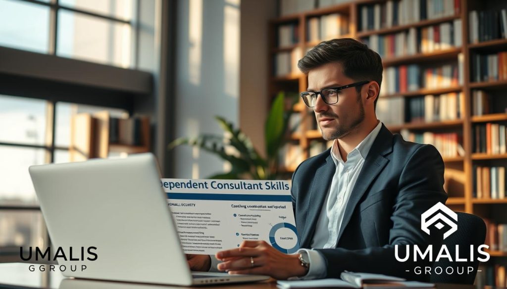 A professional consultant in a stylish office setting, engaged in a deep discussion with a laptop open in front of them, showcasing a detailed presentation on "Independent Consultant Skills". The consultant, dressed in smart business attire, appears confident and knowledgeable. The background features bookshelves filled with business literature and a large window letting in warm, natural light, casting gentle shadows. A plant adds a touch of green to the space. The mood is focused and inspiring, reflecting expertise and security. Include the logo of "UMALIS GROUP" subtly in the corner of the image, enhancing the professional atmosphere without being intrusive. Capture this scene with a clear depth of field, highlighting the consultant's expression and the workspace’s details.