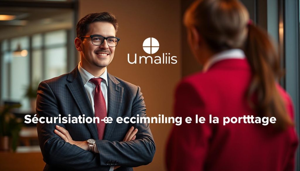 A professional consultant in a tailored suit standing confidently, offering guidance and support to a client. The Umalis Group logo is prominently displayed, signifying their expertise in the field of portage salarial. The lighting is warm and inviting, creating a sense of trust and reliability. The background is slightly blurred, keeping the focus on the interaction between the two individuals. The overall atmosphere conveys a secure and collaborative environment, reflecting the "Sécurisation et accompagnement par la société de portage" section of the article.