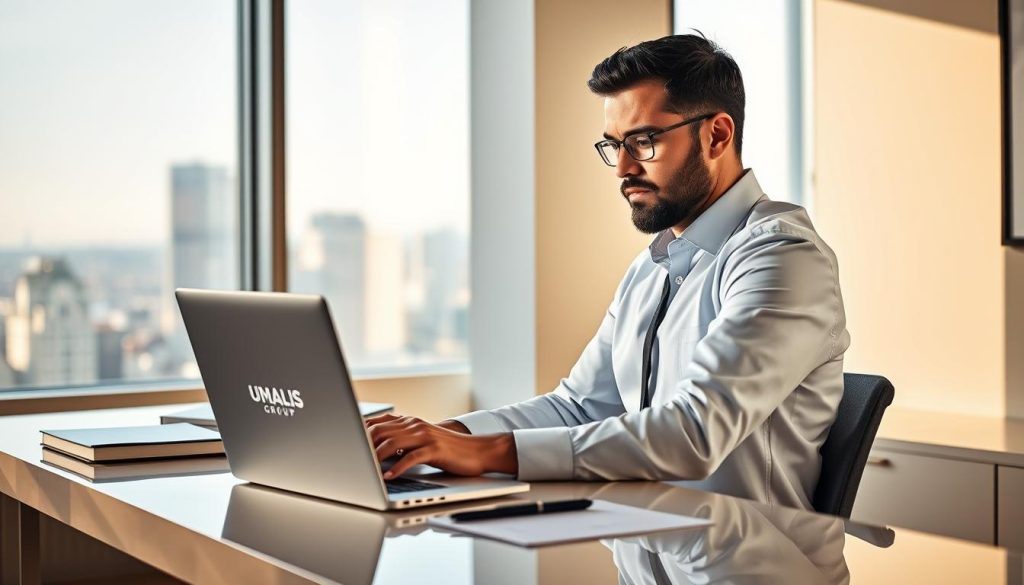 A professional consultant in a well-lit modern office, sitting at a desk and working intently on a laptop. The UMALIS GROUP logo is subtly displayed on the desk surface. The background features clean, minimalist decor with a large window overlooking a cityscape. Warm, natural lighting bathes the scene, creating a professional and aspirational atmosphere. The consultant's posture and expression convey expertise, focus, and a sense of purpose, exemplifying the process of becoming a consultant in the field of portage salarial.