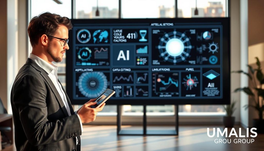 A professional consultant in business attire, analyzing data on a digital tablet, stands in the foreground. In the middle ground, a large interactive screen displays complex AI algorithms, graphs, and charts illustrating various applications and limitations of AI tools. In the background, a modern office environment with large windows allows for natural light to flood the space, casting soft shadows. The mood is focused and collaborative, emphasizing the critical relationship between AI technology and human oversight. The scene subtly incorporates elements representing the boundaries of AI, such as visual barriers or abstract forms, conveying the idea of control and limitation. Include a logo of "UMALIS GROUP" in a corner to tie the image to a professional context.