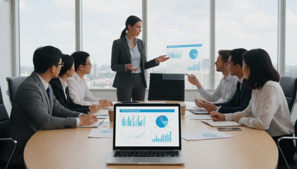 A professional consultant in business attire, engaged in a strategic discussion with a diverse team around a modern conference table. In the foreground, a laptop displays graphs and data related to mission strategies for portage salarial, showcasing analytical tools and charts. In the middle, team members of various ethnicities are actively brainstorming, surrounded by documents and digital devices. The background features a bright, sleek office environment with large windows letting in natural light, highlighting a sense of collaboration and focus. The mood is dynamic and professional, emphasizing teamwork and expertise. The image should reflect the theme of "Umalis Group," capturing the essence of supportive strategies in mission searches, without any text or identifiers.