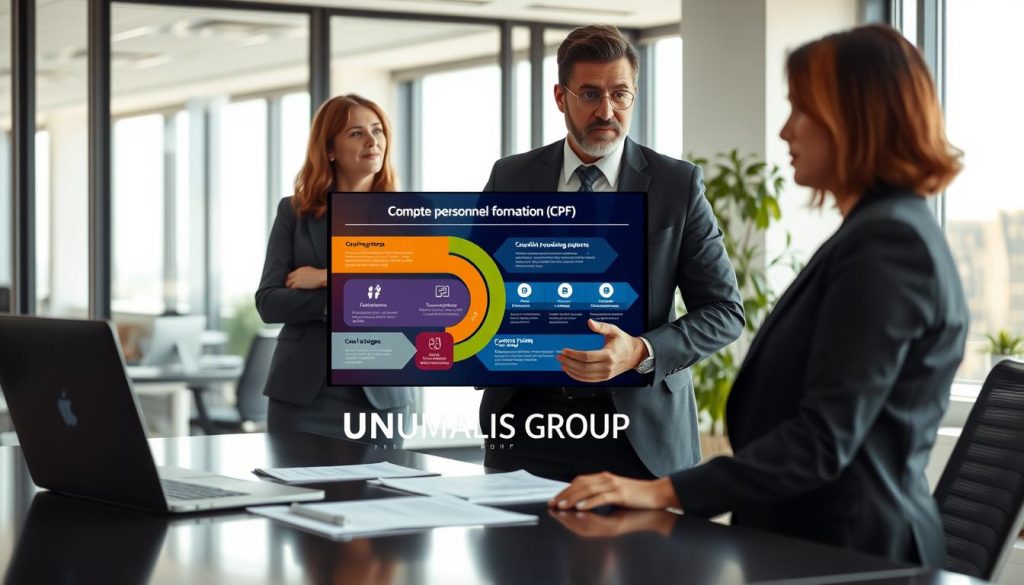 A professional consultant in business attire, engaged in a thoughtful conversation with a client in a modern office setting. The foreground features a sleek desk with a laptop and documents related to training pathways. In the middle, an interactive digital screen displays a colorful infographic about the "Compte personnel formation" (CPF) and various consultant training programs. The background includes large windows with natural light filtering in, suggesting a bright and optimistic atmosphere. The overall mood is one of collaboration and progress, with a focus on lifelong learning and professional development. The logo of "UMALIS GROUP" is subtly incorporated into the office decor. Use a soft focus lens effect to enhance the clarity of the characters while blending the background softly.
