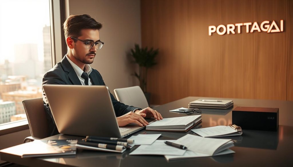 A professional consultant in business attire, focused and engaged, sits at a sleek desk in a modern office environment. They are typing on a laptop, with thoughtful expression, illustrating the process of emailing prospect marketing content. On the desk, various marketing materials including brochures and a notepad filled with ideas are scattered about. In the background, a large window lets in bright natural light, revealing a bustling cityscape, symbolizing the vibrant market. Soft, warm lighting enhances the atmosphere, conveying dedication and professionalism. On the wall, a logo for "PORTAGE AI" is prominently displayed, emphasizing the brand’s tech-savvy approach to consulting. The overall mood is one of productivity and ambition, capturing the essence of effective marketing techniques for consultants.
