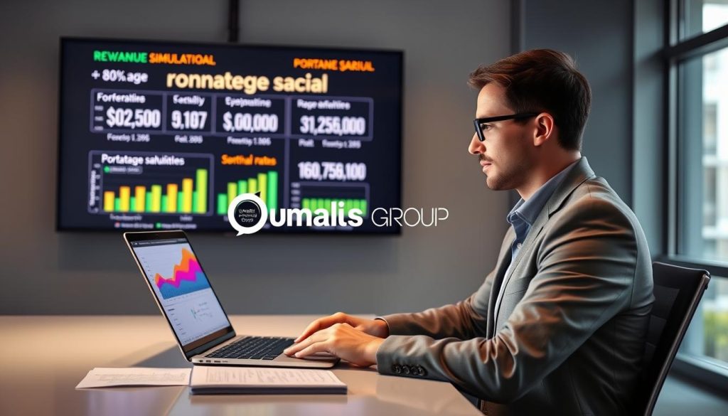 A professional consultant in business attire, seated at a modern desk, analyzing financial data on a laptop, surrounded by digital graphs and charts depicting revenue forecasts and hourly rates. A wall-mounted screen behind them shows a visualization of financial simulations related to "portage salarial," with bright colors representing different income scenarios. Soft, ambient lighting highlights the consultant's focused expression and the details of the documents on the desk. The background features a sleek, contemporary office with large windows, allowing natural light to filter in and create a motivating atmosphere. Include the brand name "Umalis Group" subtly integrated into the digital graphics, reinforcing the theme of financial empowerment for big data professionals. A professional consultant in business attire, seated at a modern desk, analyzing financial data on a laptop, surrounded by digital graphs and charts depicting revenue forecasts and hourly rates. A wall-mounted screen behind them shows a visualization of financial simulations related to "portage salarial," with bright colors representing different income scenarios. Soft, ambient lighting highlights the consultant's focused expression and the details of the documents on the desk. The background features a sleek, contemporary office with large windows, allowing natural light to filter in and create a motivating atmosphere. Include the brand name "Umalis Group" subtly integrated into the digital graphics, reinforcing the theme of financial empowerment for big data professionals.