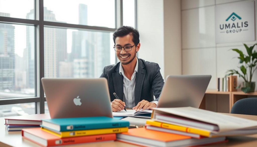 A professional consultant in business attire, seated at a modern desk with a laptop open, engaged in a skills development workshop. In the foreground, various colorful binders and books on skill optimization are scattered around. The middle ground features a large window showcasing a cityscape with tall buildings, indicating success. Soft, natural lighting floods the room, creating an inviting atmosphere. The consultant is focused, taking notes, with a light smile that reflects determination and growth. In the background, a subtle logo of "Umalis Group" is displayed on a wall poster. The overall mood should convey professionalism, motivation, and a commitment to continual improvement. A professional consultant in business attire, seated at a modern desk with a laptop open, engaged in a skills development workshop. In the foreground, various colorful binders and books on skill optimization are scattered around. The middle ground features a large window showcasing a cityscape with tall buildings, indicating success. Soft, natural lighting floods the room, creating an inviting atmosphere. The consultant is focused, taking notes, with a light smile that reflects determination and growth. In the background, a subtle logo of "Umalis Group" is displayed on a wall poster. The overall mood should convey professionalism, motivation, and a commitment to continual improvement.