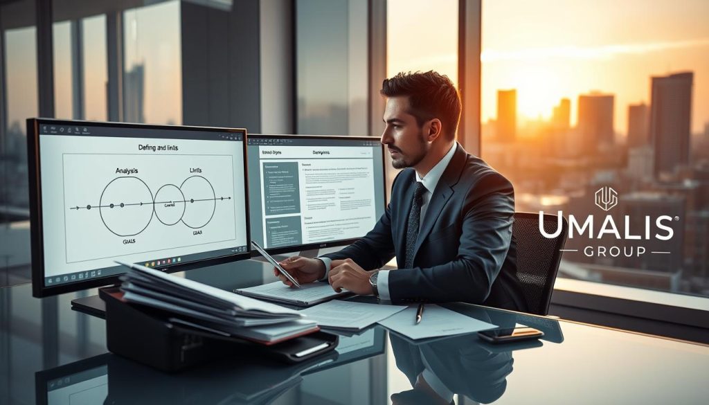 A professional consultant in business attire, seated at a modern glass desk, intensely analyzing a series of digital documents displayed on multiple screens. The background features a sleek office environment with soft ambient lighting, emphasizing a mood of productivity and focus. On one screen, a graphical interface shows the outline of an analysis process, representing "defining goals and limits." Papers and stationery are neatly arranged on the desk, suggesting thorough preparation. A large window in the background reveals a city skyline during sunset, casting warm, golden light across the scene. Subtly integrated in the office decor is the logo "UMALIS GROUP," reinforcing the connection to professional document analysis.
