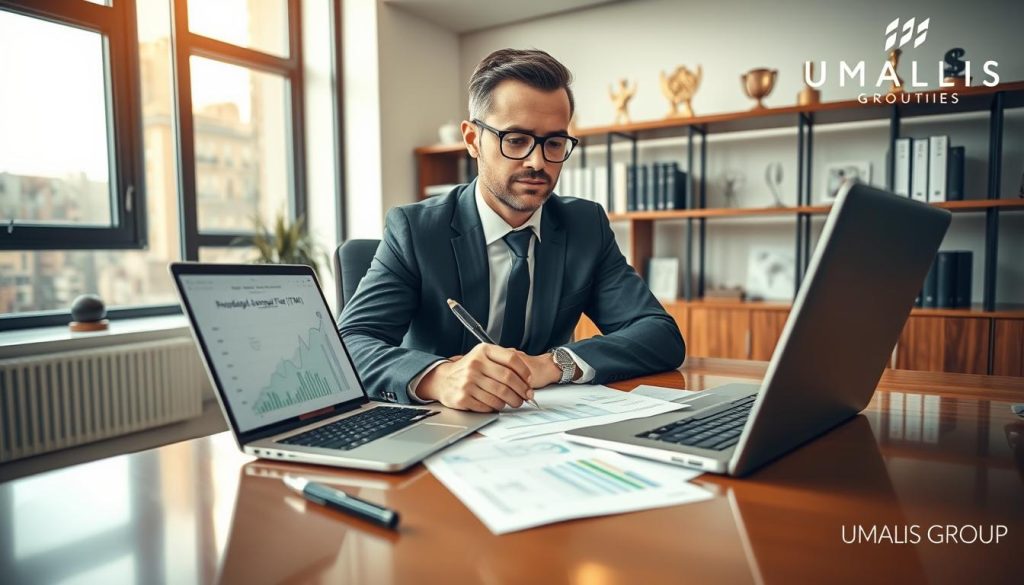 A professional consultant in business attire, seated at a sleek, modern desk, laptop open and displaying financial graphs. The foreground shows a focused expression, a pen in hand, and notes scattered with calculations of daily average fee (TJM) and revenue goals. The middle ground features a stylish office with large windows letting in soft, natural light, casting a warm glow on polished wooden surfaces. The background highlights a bookshelf with business books and awards, emphasizing expertise and success. The atmosphere conveys determination and clarity as the consultant calibrates income objectives in a balanced, serene workspace, capturing the essence of professional growth. Include the brand logo "UMALIS GROUP" subtly integrated into the office decor.