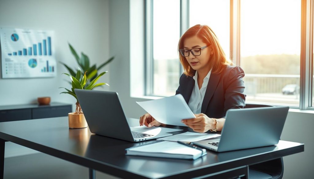 A professional consultant in business attire seated at a sleek modern desk, reviewing documents and using a laptop, symbolizing independent consulting and the portage salarial process. The scene is well-lit with natural daylight streaming through large windows, casting a warm glow on the workspace. In the background, a minimalistic office setting with charts, graphs, and a potted plant that signifies growth and professionalism. The consultant, a middle-aged woman of diverse descent, appears focused and engaged, conveying determination and expertise. The atmosphere is one of professionalism and clarity, with a touch of motivation. Include a subtle representation of the Umalis Group logo on a notepad on the desk, ensuring it blends seamlessly into the environment.