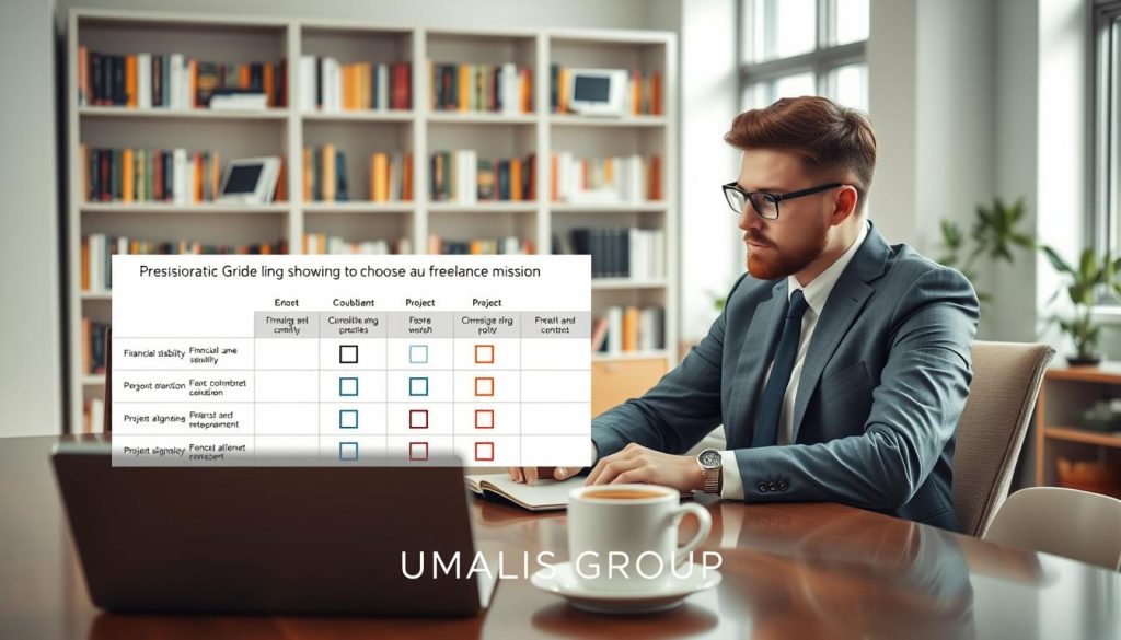 A professional consultant in business attire sits at a modern desk, examining a structured decision-making grid that lists various criteria for choosing a freelance mission, such as financial stability, personal development, and project alignment. The foreground features a clear view of the grid with checkboxes and colorful icons representing each criterion. In the middle ground, a laptop is open showing data analysis and a coffee cup to suggest focus and diligence. The background is an office environment with bookshelves filled with resources related to consulting and entrepreneurship. Soft, natural lighting illuminates the scene, creating a calm and productive atmosphere. Subtle branding of "UMALIS GROUP" is tastefully integrated in the office décor, blending in without overpowering the image.