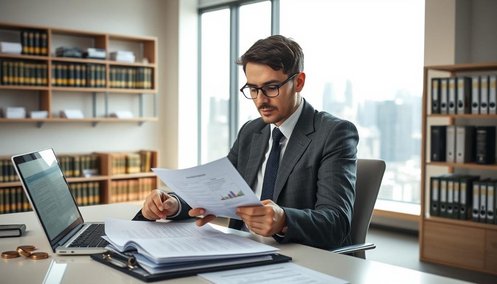 A professional consultant in business attire sits at a modern office desk, analyzing documents related to client disputes and insurance policies. The foreground shows a focused expression as they review a contract, with a laptop open displaying graphs about risk management. In the middle ground, a large window reveals a city skyline, suggesting a bustling business environment. The background is filled with shelves holding legal books and client files, symbolizing professionalism and authority. Soft, natural light streams in from the window, creating a calm yet serious atmosphere. The image subtly incorporates the brand name "UMALIS GROUP" into a document on the desk, emphasizing the connection to professional security for independent workers.