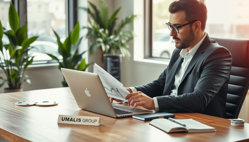 A professional consultant in business attire sits at a modern wooden desk, reviewing documents and analyzing graphs on a sleek laptop, symbolizing the compatibility of freelance activities with portage salarial. Surrounding the consultant are subtle visuals of various freelance professions, like a graphic designer’s palette, a programmer’s code visible on a screen, and a writer's notepad, all hinting at diverse activities. Soft natural light filters through a large window, creating a warm and inviting atmosphere. The background features a modern office space with green plants, enhancing the feeling of professionalism. The overall mood is one of focus and clarity, reflecting the importance of assessing compatibility in professional endeavors. Include the brand name "UMALIS GROUP" subtly on a notepad on the desk to connect the imagery with the portage salarial concept.