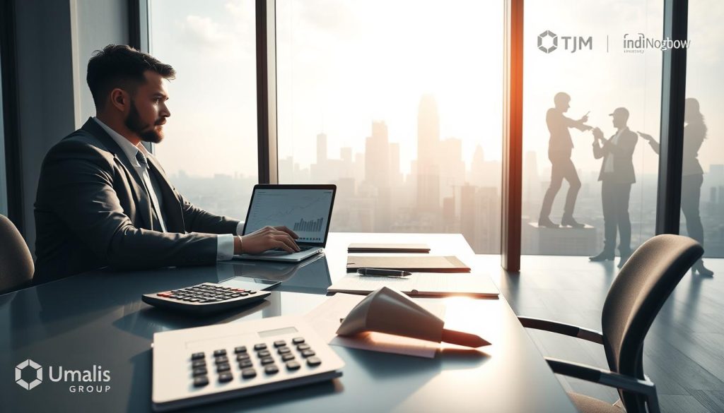 A professional consultant in business attire sits at a sleek desk, analyzing financial graphs and charts on a laptop screen, symbolizing "Taux Journalier Moyen" (TJM). In the foreground, a modern calculator and notes with calculations are visible, emphasizing analytical work. The middle ground features a large window showcasing a city skyline, representing opportunity in the tech industry. Soft, natural light streams in, casting gentle shadows and creating a calm, focused atmosphere. The background shows abstract figures of engineers collaborating, hinting at the teamwork involved in the tech field. The entire scene is harmonized with a clean, minimalistic aesthetic. Umalis Group branding subtly incorporated into the environment.