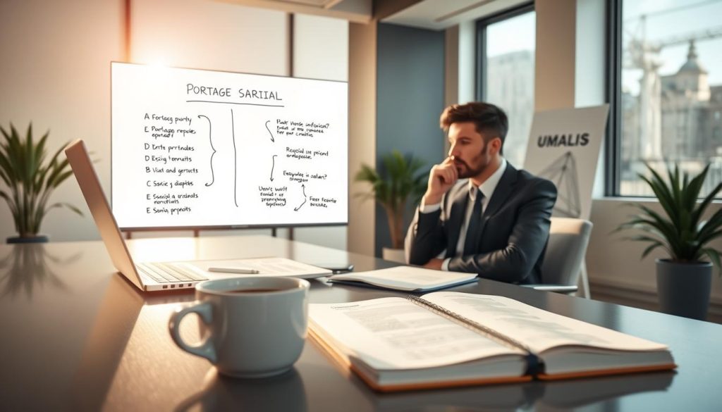 A professional consultant in business attire sits at a sleek desk, thoughtfully analyzing reports on a laptop, illuminated by soft, natural light streaming through a large window. In the foreground, a cup of coffee and a notepad filled with notes are arranged neatly, symbolizing organization and focus. In the middle ground, a large whiteboard displays key terms and flowcharts related to portage salarial, embodying the complexity of freelance work amidst potential gaps in assignments. The background features an airy office space with a modern design and subtle greenery, creating a calm yet productive atmosphere. This scene reflects the concept of navigating work periods without active missions, branded with "UMALIS GROUP" subtly integrated into the office decor. The mood is one of contemplation and strategic planning, ideal for understanding the functioning of portage salarial.