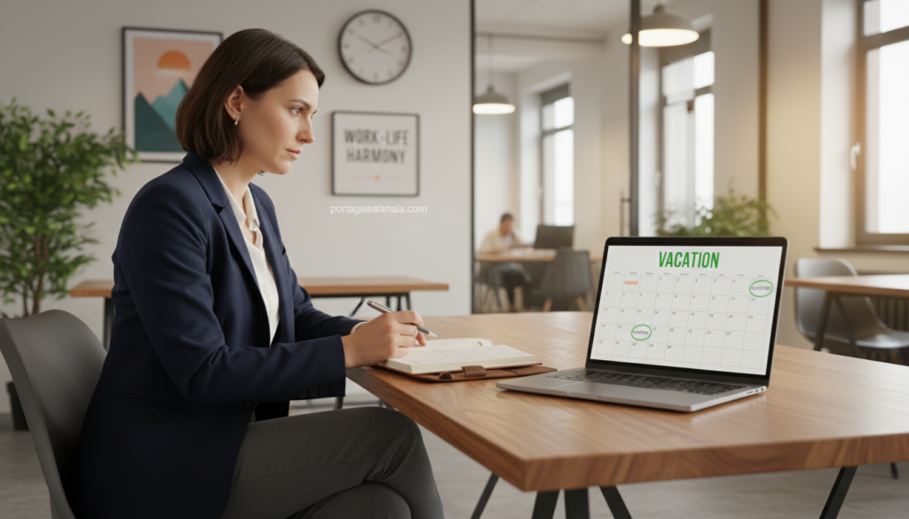 A professional consultant in business attire sits at a stylish desk, looking thoughtfully at a laptop while jotting down notes in a planner, symbolizing the management of paid leave in portage salarial. In the foreground, emphasize the laptop displaying a calendar with marked vacation days. In the middle ground, a wall clock shows an appropriate hour, and an inspiring motivational poster about work-life balance is visible. The background features a modern office environment with plants and subtle lighting that creates a warm, productive atmosphere. The overall mood conveys professionalism and clarity, capturing the essence of organizing and taking business leave. Include a subtle reference to portagesalarials.com in the decor.