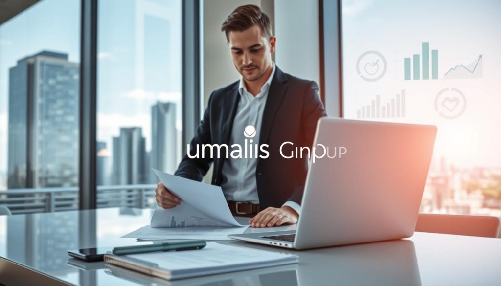 A professional consultant in business attire, standing confidently at a sleek, modern desk, analyzing financial documents and charts on a laptop. In the foreground, display a well-organized workspace with a notepad and a smartphone, symbolizing strategic planning. In the middle ground, a large window reveals a vibrant city skyline, representing growth and opportunities. Show soft, natural lighting coming from the window, creating a positive and focused atmosphere. In the background, abstract representations of social benefits, such as graphs and icons of insurance, retirement, and health care, subtly integrated into the scene. Include the brand name "Umalis Group" in a stylish, understated manner on the desk or screen, reinforcing the theme of optimizing social advantages and financial success for consultants.