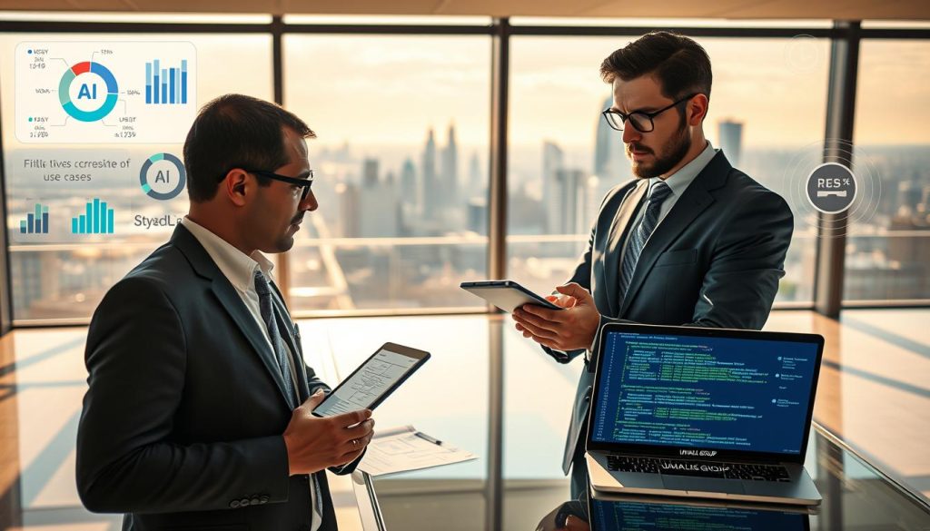 A professional consultant in business attire, standing confidently in a modern office setting, thoughtfully analyzing data on a tablet. The foreground features the consultant deep in concentration, with a focused expression, surrounded by charts and AI-related graphics that highlight various use cases. In the middle ground, a sleek glass table displays documents and a laptop with code on the screen, symbolizing the integration of AI in business. The background reveals a panoramic view of a city skyline through a large window, bathed in warm, natural light to create an inviting atmosphere. Soft shadows enhance the professionalism of the scene. Include the logo of "UMALIS GROUP" subtly on the tablet. The overall mood is one of determination and clarity as the consultant navigates the complexities of AI implementation.