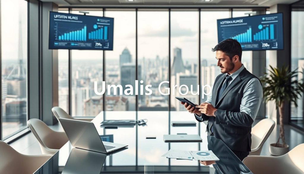 A professional consultant in business attire, standing confidently in a modern office space, surrounded by high-tech gadgets and digital screens displaying data analytics. In the foreground, the consultant is studying a digital tablet, showcasing charts and growth projections that symbolize optimization and expertise in the field of portage salarial. The middle ground features a sleek, glass conference table with a laptop and materials related to artificial intelligence consulting. The background displays a panoramic view of a thriving cityscape, representing opportunities and innovation. Soft, natural lighting filters through large windows, creating a bright and motivational atmosphere. Include the brand name "Umalis Group" subtly integrated into the office design, emphasizing professionalism and trust in portage salarial.