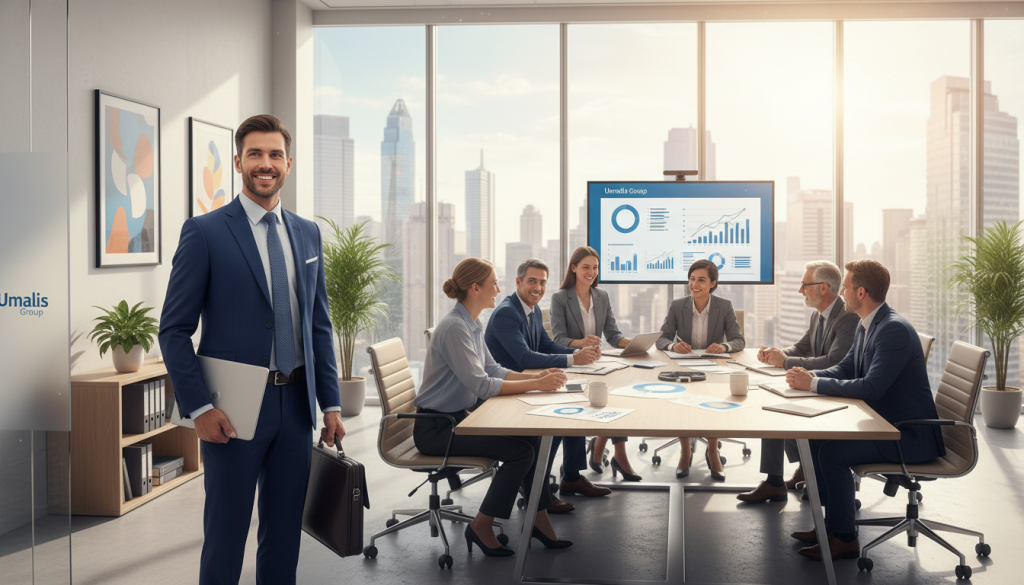 A professional consultant in business attire, standing confidently with a laptop underarm and a briefcase in hand, symbolizes the benefits of portage salarial. In the foreground, the consultant is smiling, engaged in a positive discussion with colleagues in a modern office environment. The middle ground features a diverse group of professionals collaborating over a large table, with papers and digital devices showcasing data and analysis. The background includes large windows letting in natural light, with a city skyline view, enhancing the atmosphere of success and opportunity. The soft lighting emphasizes a warm and inviting feel. Integrate subtle branding elements of Umalis Group within the office decor, ensuring it complements the professional setting without overpowering the image. A professional consultant in business attire, standing confidently with a laptop underarm and a briefcase in hand, symbolizes the benefits of portage salarial. In the foreground, the consultant is smiling, engaged in a positive discussion with colleagues in a modern office environment. The middle ground features a diverse group of professionals collaborating over a large table, with papers and digital devices showcasing data and analysis. The background includes large windows letting in natural light, with a city skyline view, enhancing the atmosphere of success and opportunity. The soft lighting emphasizes a warm and inviting feel. Integrate subtle branding elements of Umalis Group within the office decor, ensuring it complements the professional setting without overpowering the image.