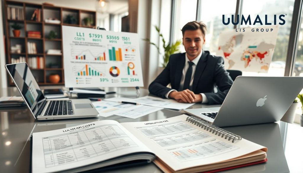 A professional consultant in business attire, such as a tailored suit, is seated at a sleek modern desk cluttered with financial documents, charts, and a laptop displaying data analysis. In the foreground, a detailed notepad filled with calculations and notes on LLM API costs is visible. In the middle ground, a whiteboard covered with colorful diagrams and strategies highlights budgeting considerations for consulting services. Soft natural light filters in through large windows, creating an inviting and focused atmosphere. The background features an office space with bookshelves and potted plants, emphasizing a professional environment. The branding "UMALIS GROUP" is subtly incorporated into the scene, adding an element of corporate identity. The overall mood is analytical and strategic, conveying the complexities of estimating consulting fees. A professional consultant in business attire, such as a tailored suit, is seated at a sleek modern desk cluttered with financial documents, charts, and a laptop displaying data analysis. In the foreground, a detailed notepad filled with calculations and notes on LLM API costs is visible. In the middle ground, a whiteboard covered with colorful diagrams and strategies highlights budgeting considerations for consulting services. Soft natural light filters in through large windows, creating an inviting and focused atmosphere. The background features an office space with bookshelves and potted plants, emphasizing a professional environment. The branding "UMALIS GROUP" is subtly incorporated into the scene, adding an element of corporate identity. The overall mood is analytical and strategic, conveying the complexities of estimating consulting fees.