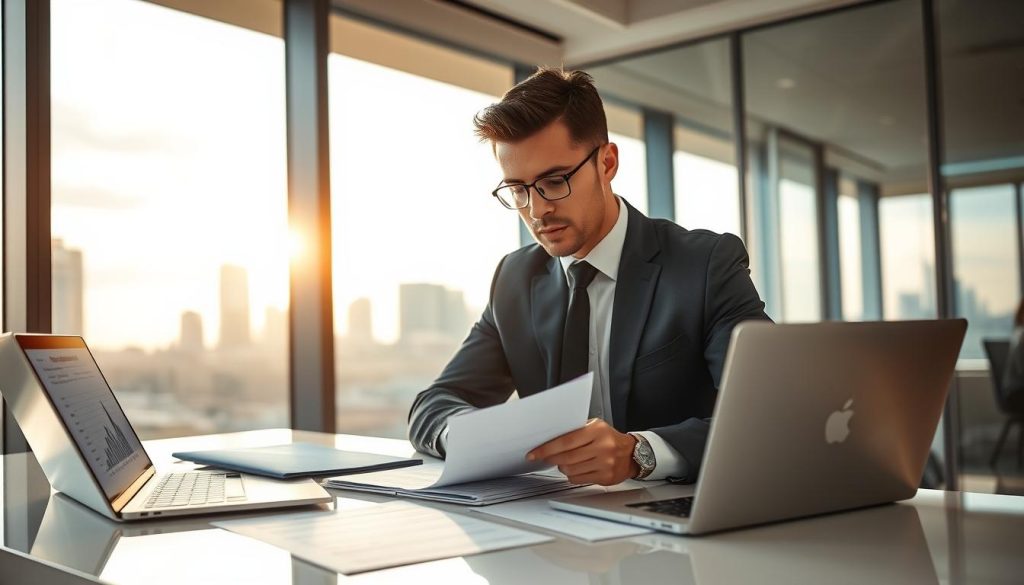 A professional consultant in business attire, thoughtfully reviewing eligibility criteria for portage salarial in France at a sleek office desk adorned with documents and a laptop showing graphs. The consultant is mid-action, pointing at a checklist, deep in thought. In the background, a modern city skyline glimpsed through large windows hints at the dynamic work environment. Soft, natural daylight filters through, casting a warm and inviting glow. On the desk, there's a logo of "Umalis Group" subtly visible. The atmosphere conveys a sense of diligence, clarity, and professionalism in the context of cross-border checks, emphasizing the complexities of eligibility for consultants working in France. The image captures the essence of work, focus, and professional engagement. A professional consultant in business attire, thoughtfully reviewing eligibility criteria for portage salarial in France at a sleek office desk adorned with documents and a laptop showing graphs. The consultant is mid-action, pointing at a checklist, deep in thought. In the background, a modern city skyline glimpsed through large windows hints at the dynamic work environment. Soft, natural daylight filters through, casting a warm and inviting glow. On the desk, there's a logo of "Umalis Group" subtly visible. The atmosphere conveys a sense of diligence, clarity, and professionalism in the context of cross-border checks, emphasizing the complexities of eligibility for consultants working in France. The image captures the essence of work, focus, and professional engagement.