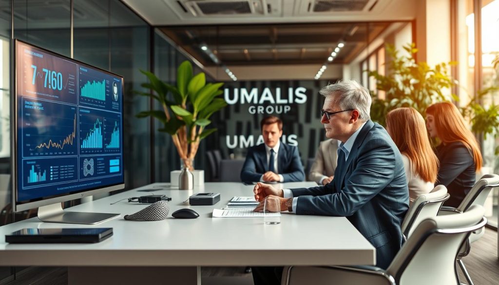 A professional consultant in cybersecurity and AI sits at a sleek, modern office desk, surrounded by tech gadgets and a large digital screen displaying cybersecurity analytics. The foreground features a focused middle-aged male consultant in a sharp suit, deeply engaged in discussion with a diverse group of business professionals. In the middle ground, charts and data visuals accentuate the room's atmosphere, evoking a sense of innovation and strategy. The background showcases a contemporary office setting with glass walls, green plants, and natural light streaming in. The mood is collaborative and forward-thinking, emphasizing the importance of cybersecurity in business. The image should subtly include the brand name "UMALIS GROUP" in the décor of the office, reinforcing its connection to professional consulting services.