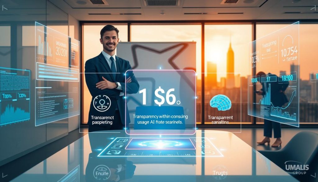 A professional consultant in formal business attire stands confidently at a sleek, modern desk in a minimalistic office space, surrounded by transparent digital screens showcasing data and artificial intelligence algorithms. In the foreground, a glowing holographic display illustrates key statistics about the usage of AI in consulting within the framework of portage salarial, with visual icons representing transparency and trust. In the middle ground, a large window reveals a city skyline bathed in warm afternoon light, emphasizing a bright, optimistic atmosphere. The background features abstract art symbolizing innovation and clarity. The overall mood conveys professionalism and the importance of transparency, underlining the essence of the topic related to "UMALIS GROUP".
