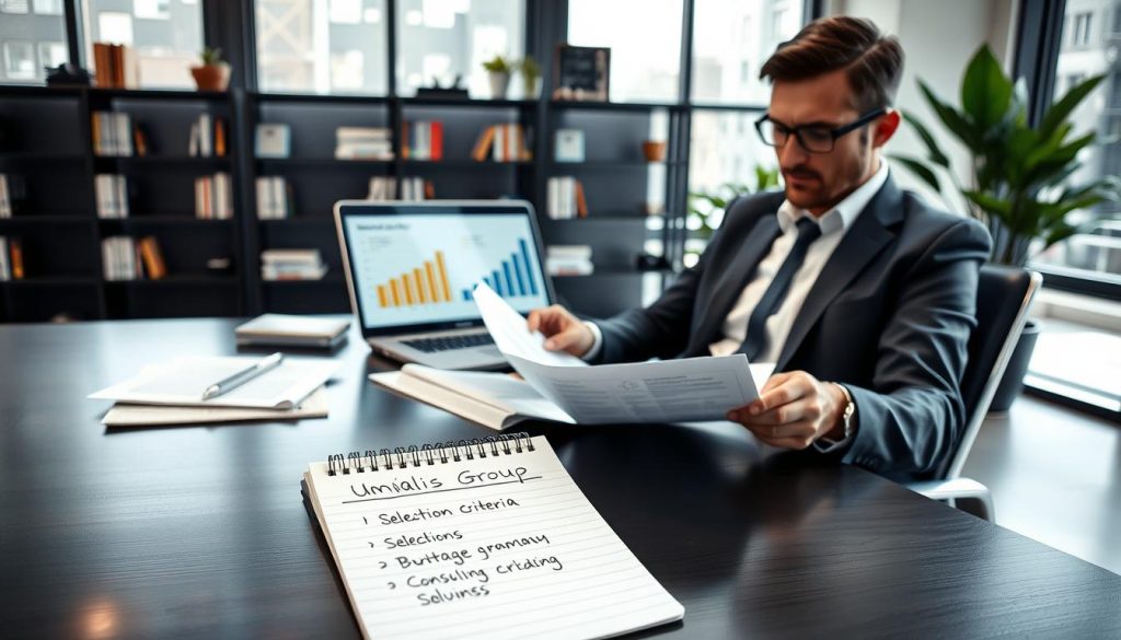 A professional consultant in smart business attire, seated at a modern desk, reviewing documents about "Umalis Group" alongside a laptop displaying a graph related to business performance. In the foreground, a notepad with bullet points highlighting selection criteria for choosing a portage company is visible. The middle ground features a stylish office environment with a large window that allows natural light to flood the room, creating a bright and inviting atmosphere. In the background, shelves with books on entrepreneurship and business strategy, along with a potted plant to add a touch of greenery. The overall mood is focused and optimistic, reflecting a professional setting where decisions about consulting and business solutions are made with care and clarity. A professional consultant in smart business attire, seated at a modern desk, reviewing documents about "Umalis Group" alongside a laptop displaying a graph related to business performance. In the foreground, a notepad with bullet points highlighting selection criteria for choosing a portage company is visible. The middle ground features a stylish office environment with a large window that allows natural light to flood the room, creating a bright and inviting atmosphere. In the background, shelves with books on entrepreneurship and business strategy, along with a potted plant to add a touch of greenery. The overall mood is focused and optimistic, reflecting a professional setting where decisions about consulting and business solutions are made with care and clarity.