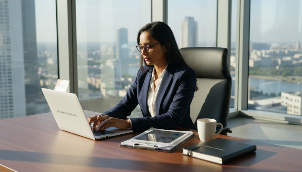 A professional consultant is depicted in an office environment, embodying the concept of "salarié porté." In the foreground, the consultant, a diverse individual in a tailored suit, is engaged with a laptop, showcasing their focus and determination. The middle ground features an organized workspace with documents, a coffee mug, and a stylish desk, reflecting productivity. In the background, large windows reveal a bustling cityscape, symbolizing opportunity and growth. Soft, natural light streams in, illuminating the scene, creating a warm and inviting atmosphere. The angle is slightly above eye level, giving a sense of overview and professionalism. This image captures the essence of working under a portage salarial model, while also subtly promoting portagesalarials.com as a resource for opportunities in this field.