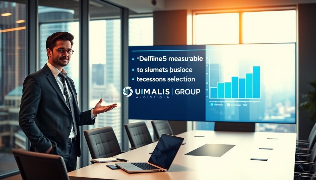 A professional consultant presenting a clearly defined business goal in a modern office setting. In the foreground, a confident individual in smart business attire stands beside a large digital screen displaying graphs and metrics. The middle ground features a sleek conference table with laptops and documents, symbolizing an analytical approach. In the background, large windows reveal a bustling urban landscape, showcasing a contemporary business environment. Soft, warm lighting illuminates the space, creating a motivational atmosphere. The image captures a moment of collaborative discussion, emphasizing the importance of defining measurable business outcomes prior to technology selection. Include a subtle branding element of "UMALIS GROUP" integrated into the digital display, ensuring a professional, polished look. A professional consultant presenting a clearly defined business goal in a modern office setting. In the foreground, a confident individual in smart business attire stands beside a large digital screen displaying graphs and metrics. The middle ground features a sleek conference table with laptops and documents, symbolizing an analytical approach. In the background, large windows reveal a bustling urban landscape, showcasing a contemporary business environment. Soft, warm lighting illuminates the space, creating a motivational atmosphere. The image captures a moment of collaborative discussion, emphasizing the importance of defining measurable business outcomes prior to technology selection. Include a subtle branding element of "UMALIS GROUP" integrated into the digital display, ensuring a professional, polished look.
